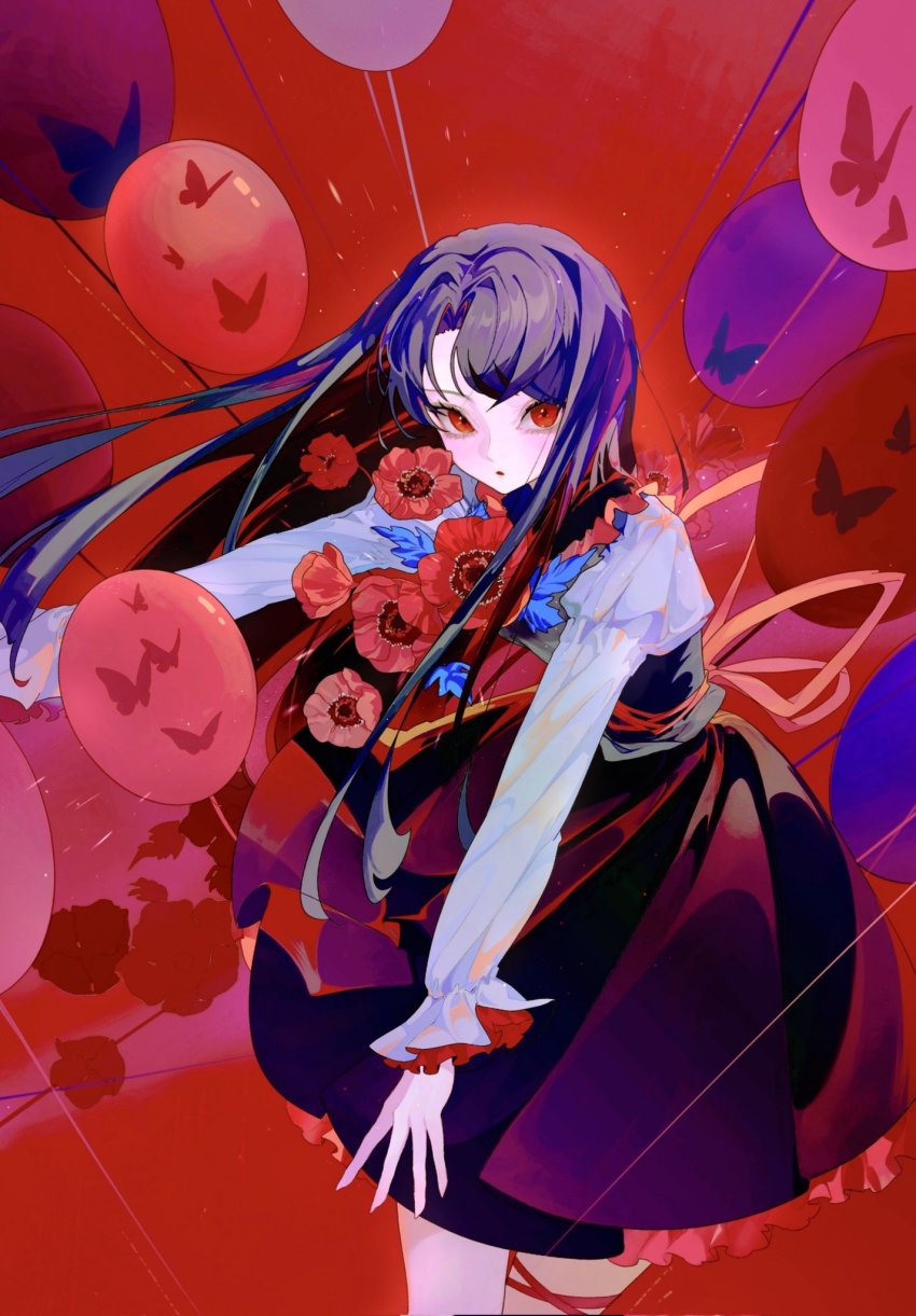 1girl, animal, balloon, bug, butterfly, cirrika, eyelashes, fingernails