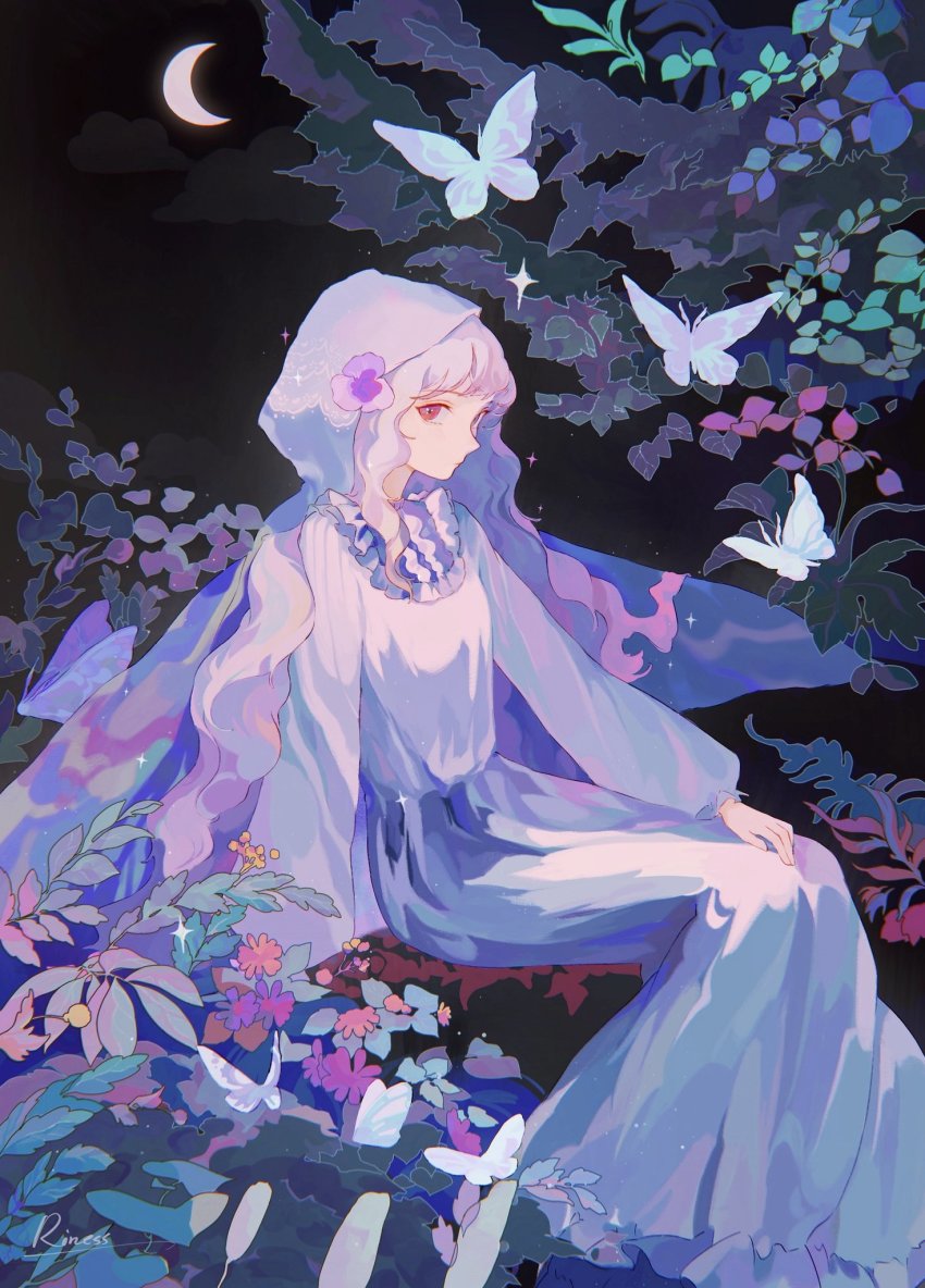 1girl, bug, butterfly, capelet, cirrika, closed_mouth, crescent_moon, dress