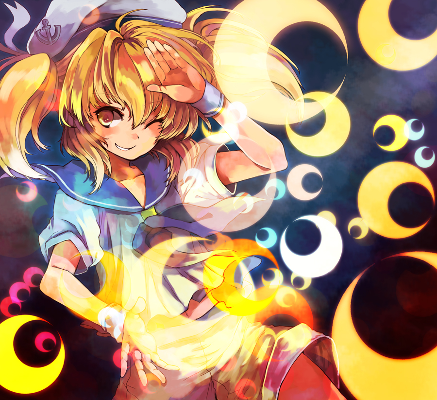 1girl, bad_id, bad_pixiv_id, blue_sailor_collar, crescent, danmaku, female_focus, grin