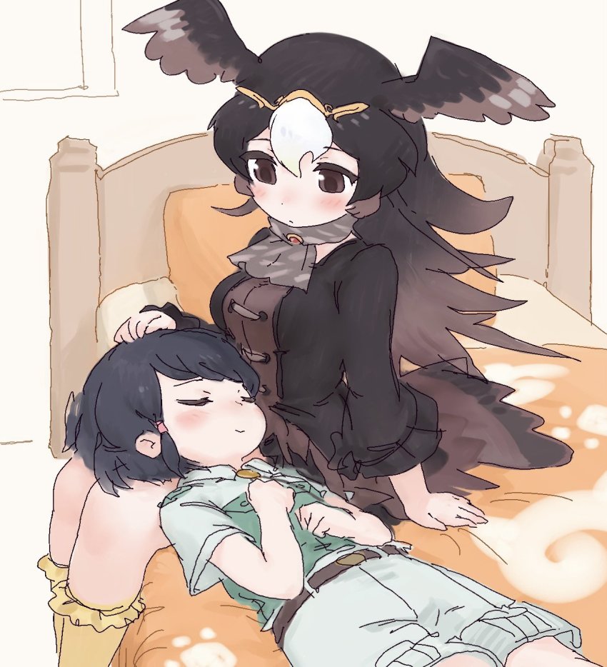 2girls, bed, bird_girl, bird_tail, bird_wings, black_hair, black_jacket, blush, brown_eyes, brown_hair, brown_scarf, brown_shirt, captain_(kemono_friends), circlet, closed_eyes, collared_shirt, frilled_legwear, frilled_sleeves, frills, green_shirt, head_wings, highres, jacket, kemono_friends, kemono_friends_3, khakis, lap_pillow, long_hair, long_sleeves, looking_at_another, mitsuamischeme, multicolored_hair, multiple_girls, missing_headwear, scarf, shirt, short_hair, short_sleeves, shorts, sitting, sleeping, socks, striated_caracara_(kemono_friends), striped_clothes, striped_scarf, tail, two-tone_hair, two-tone_shirt, uniform, white_hair, wings, yellow_socks