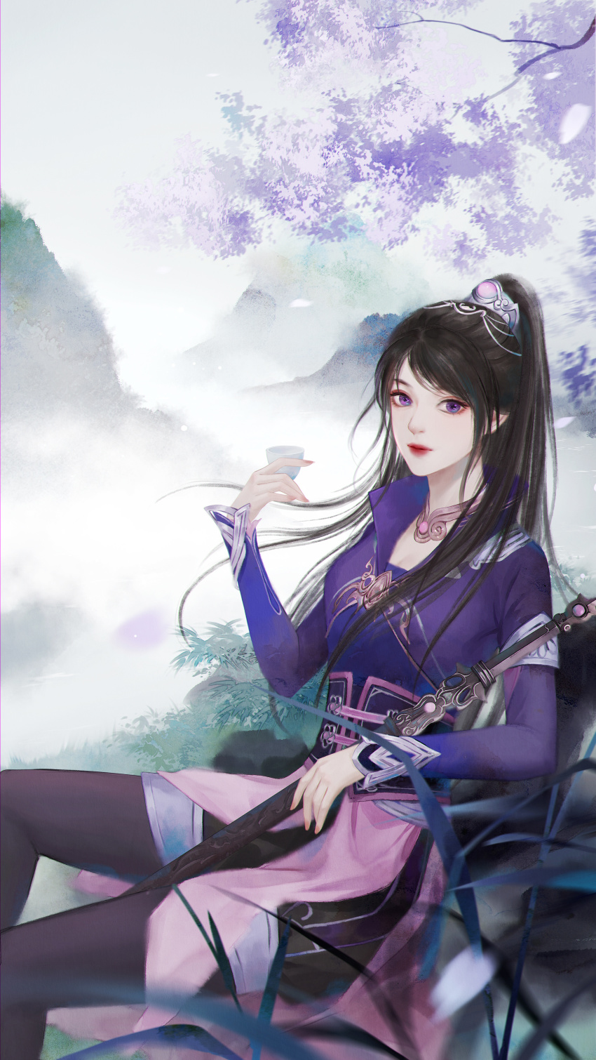 1girl, absurdres, brown_hair, cloud, collared_jacket, cup, dress, hair_ornament