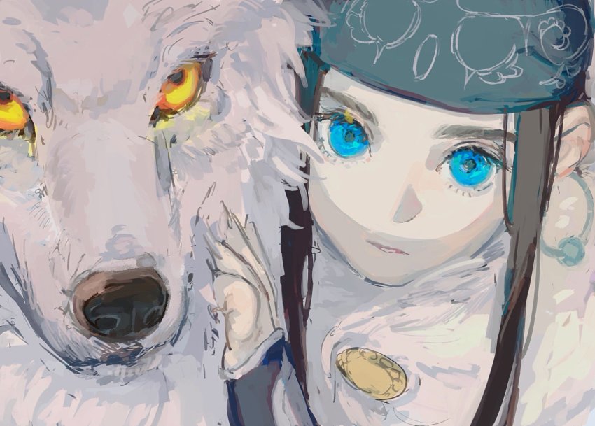1girl, ainu, ainu_clothes, animal, asirpa, bandana, black_hair, blue_bandana, blue_eyes, earrings, fur_collar, golden_kamuy, highres, jewelry, tkrkve43, white_wolf, wolf, yellow_eyes