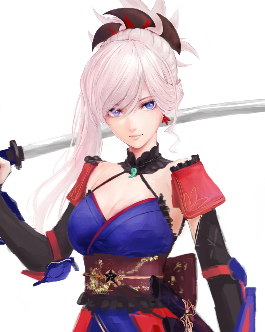 1girl, asymmetrical_hair, blue_eyes, blue_kimono, breasts, detached_sleeves, earrings, fate/grand_order, fate_(series), folded_ponytail, grey_hair, hair_ornament, highres, iothree7, japanese_clothes, jewelry, kimono, long_hair, medium_breasts, miyamoto_musashi_(fate), miyamoto_musashi_(second_ascension)_(fate), obi, sash, simple_background, sleeveless, sleeveless_kimono, solo, upper_body, white_background