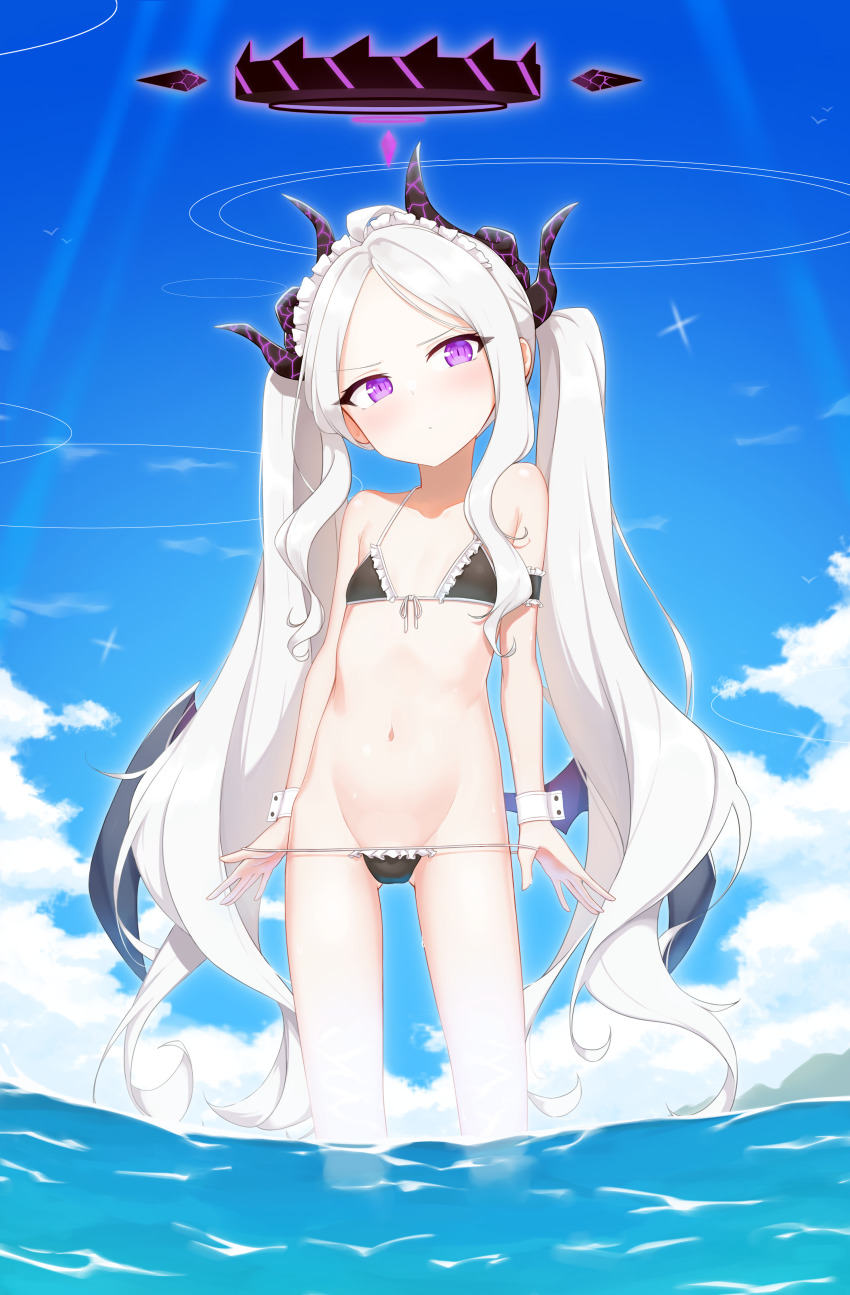 1girl, absurdres, alternate_costume, alternate_hairstyle, bikini, black_bikini, blue_archive, blue_sky