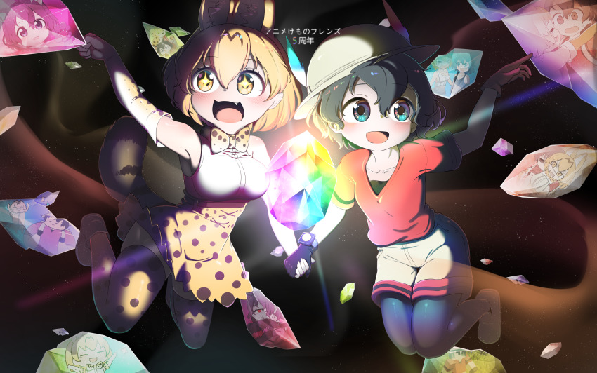 +_+, 2girls, 370ml, :d, absurdres, animal_ears, animal_print, anniversary