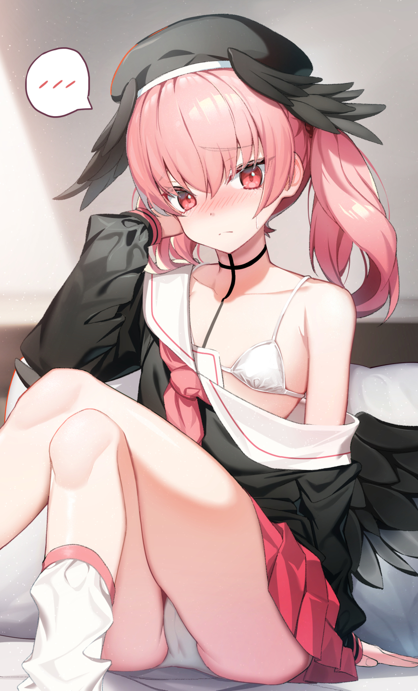 1girl, absurdres, bed, beret, black_choker, black_hat, black_shirt, black_wings, blue_archive, blush, bra, choker, closed_mouth, collarbone, commentary_request, fang, fang_out, feathered_wings, feet_out_of_frame, hair_between_eyes, hand_up, hat, head_wings, highres, huu_(dighapdlxm12), koharu_(blue_archive), light_frown, long_hair, long_sleeves, looking_at_viewer, loose_socks, low_twintails, nose_blush, off_shoulder, panties, pillow, pink_hair, pleated_skirt, puffy_long_sleeves, puffy_sleeves, red_eyes, red_skirt, revision, shirt, sitting, skirt, socks, solo, spoken_blush, twintails, underwear, white_bra, white_legwear, white_panties, wings