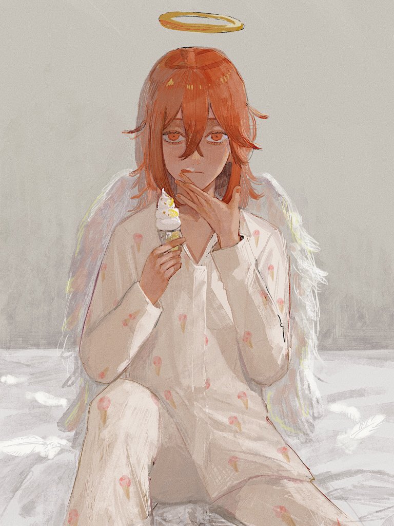 1boy, angel_devil_(chainsaw_man), angel_wings, bed, blunt_bangs, chainsaw_man, cone, feathered_wings