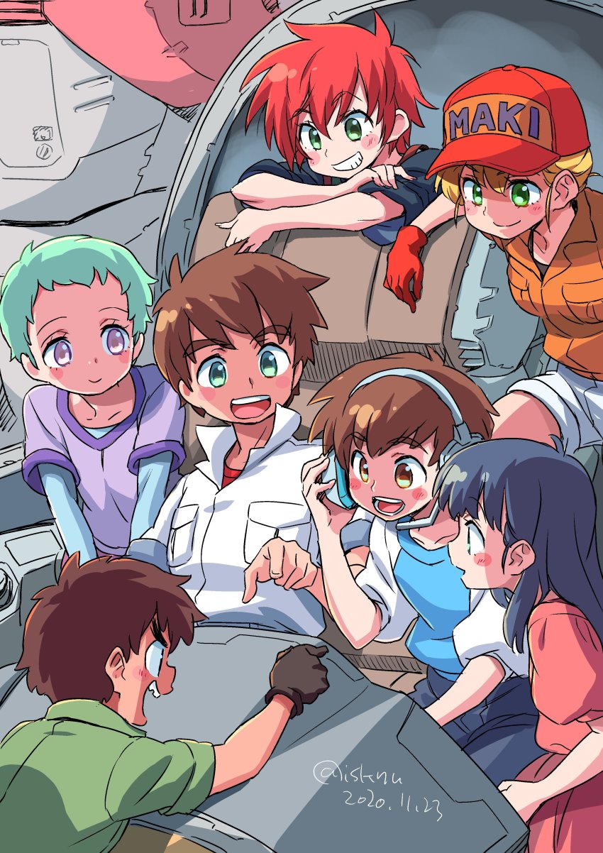 3boys, 4girls, absurdres, blonde_hair, blue_hair, brown_hair, child, closed_mouth