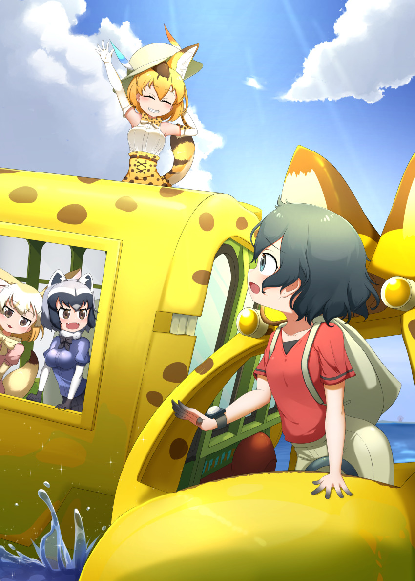 4girls, absurdres, animal_ears, animal_print, arm_up, backpack, bag, black_bow, black_bowtie, black_eyes, black_gloves, black_hair, blonde_hair, blue_shirt, blue_sky, blurry, blurry_background, bow, bowtie, brown_eyes, chis_(js60216), closed_eyes, cloud, cloudy_sky, commentary, common_raccoon_(kemono_friends), day, depth_of_field, driving, elbow_gloves, fang, fennec_(kemono_friends), fox_ears, gloves, grey_hair, grey_headwear, grey_shorts, grin, hat_feather, hat_theft, helmet, high-waist_skirt, highres, horizon, japari_bus, kaban_(kemono_friends), kemono_friends, looking_at_another, looking_back, multiple_girls, ocean, on_vehicle, open_mouth, outdoors, pink_sweater, pith_helmet, print_bow, print_bowtie, print_skirt, puffy_short_sleeves, puffy_sleeves, raccoon_ears, red_shirt, riding, serval_(kemono_friends), shirt, short_hair, short_sleeves, shorts, skirt, sky, sleeveless, sleeveless_shirt, smile, splashing, sweater, t-shirt, watch, waving, wavy_hair, white_gloves, wristwatch, yellow_bow, yellow_bowtie, yellow_skirt