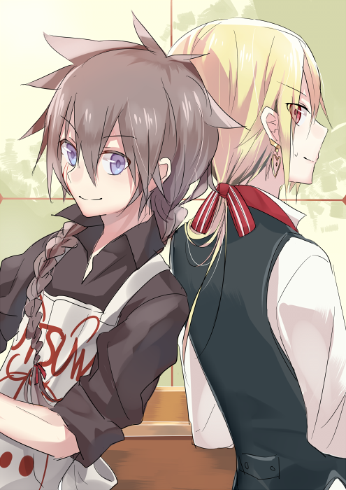 >:), 2boys, apron, back-to-back, black_shirt, black_vest, blonde_hair, blue_eyes