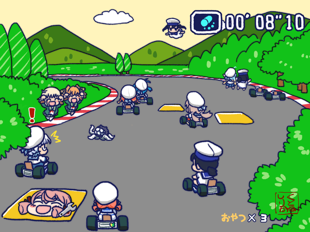 !, 6+girls, akashi_(kancolle), black_hair, blue_hair, brown_hair, bush, closed_eyes