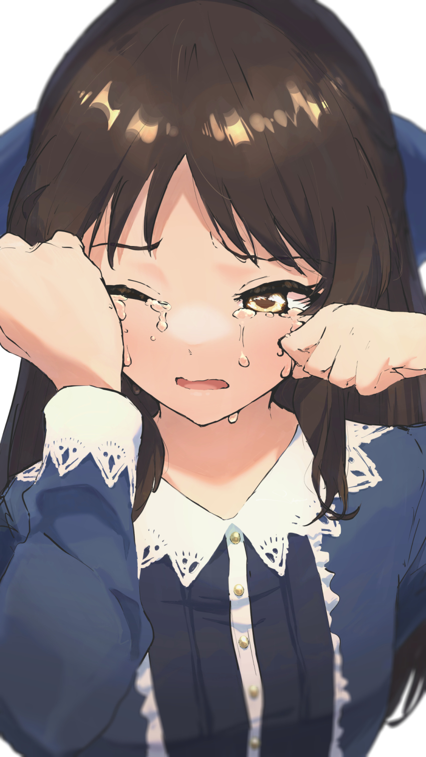 1girl, ;o, black_hair, blue_bow, blue_dress, bow, crying, dress