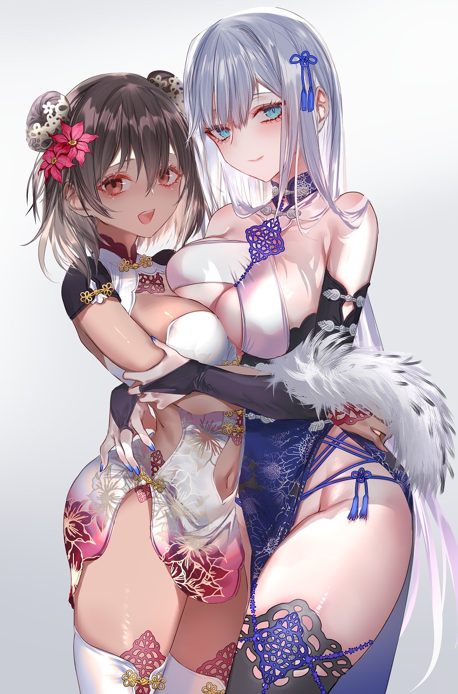 2girls, aegyo_sal, alexandra_viktorovna_dashkova_(tukikagerou), black_gloves, black_legwear, blue_eyes, breasts, bridal_gauntlets, brown_eyes, brown_hair, china_dress, chinese_clothes, cleavage, clothing_cutout, commission, cowboy_shot, dark-skinned_female, dark_skin, double_bun, dress, elbow_gloves, fingerless_gloves, flower, gloves, gradient_background, grey_background, grey_hair, hair_bun, hair_flower, hair_ornament, highres, large_breasts, long_dress, looking_at_viewer, medium_breasts, multiple_girls, navel, navel_cutout, no_panties, original, pelvic_curtain, pottsness, second-party_source, sharifah_ozdil_(tukikagerou), short_dress, side-tie_dress, sidelocks, simple_background, skeb_commission, smile, tassel, tassel_hair_ornament, thighhighs, white_legwear