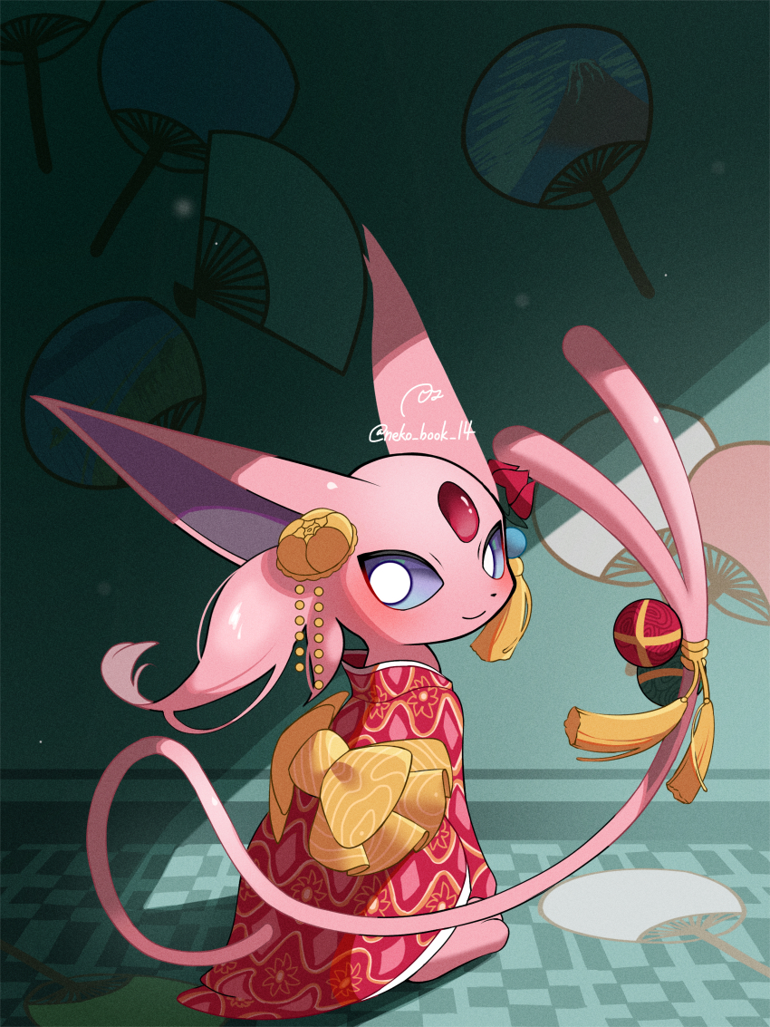 absurdres, blush, bright_pupils, closed_mouth, clothed_pokemon, espeon, espeon_(pokebuki), forked_tail, gen_2_pokemon, grey_eyes, highres, japanese_clothes, kashiwa_gnu, kimono, looking_at_viewer, looking_back, nintendo, no_humans, pokemon, pokemon_(creature), pokemon_unite, red_kimono, sitting, smile, solo, tail, white_pupils