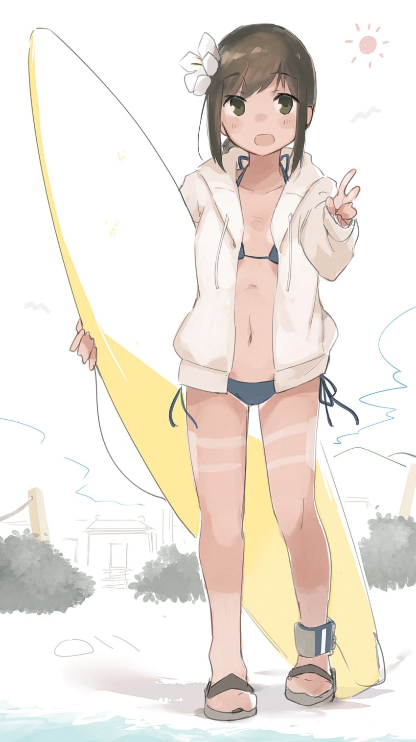 1girl, absurdres, bikini, black_eyes, black_hair, blue_bikini, flat_chest, flower, fubuki_(kancolle), hair_flower, hair_ornament, highres, hood, hooded_jacket, hoodie, jacket, kantai_collection, long_hair, low_ponytail, ma_rukan, ponytail, sandals, short_ponytail, side-tie_bikini_bottom, sidelocks, solo, standing, surfboard, swimsuit, tan, tanline, white_jacket