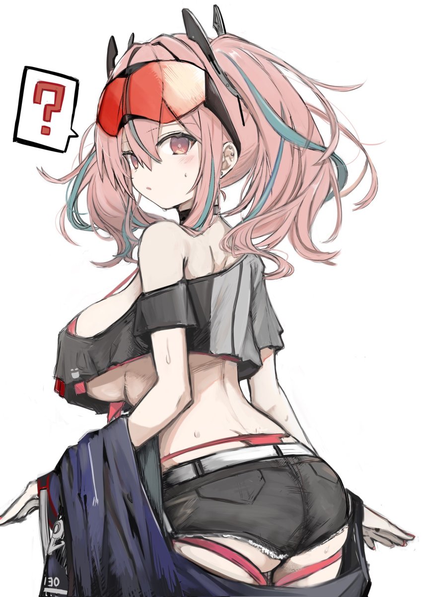 1girl, ?, aqua_hair, ass, azur_lane, bikini, black_shorts, blush, breasts, bremerton_(azur_lane), choker, crop_top, crop_top_overhang, eyewear_on_head, fuyu_yafunu, head_tilt, highres, jacket, unworn_jacket, large_breasts, looking_at_viewer, multicolored_hair, parted_lips, pink_bikini, pink_eyes, pink_hair, short_shorts, shorts, simple_background, solo, spoken_question_mark, sunglasses, sweat, swimsuit, twintails, underboob, whale_tail_(clothing), white_background