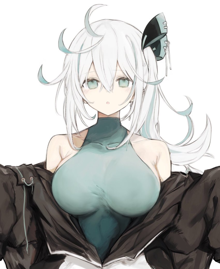 1girl, :o, aqua_eyes, aqua_hair, bad_id, bad_twitter_id, black_coat, blush