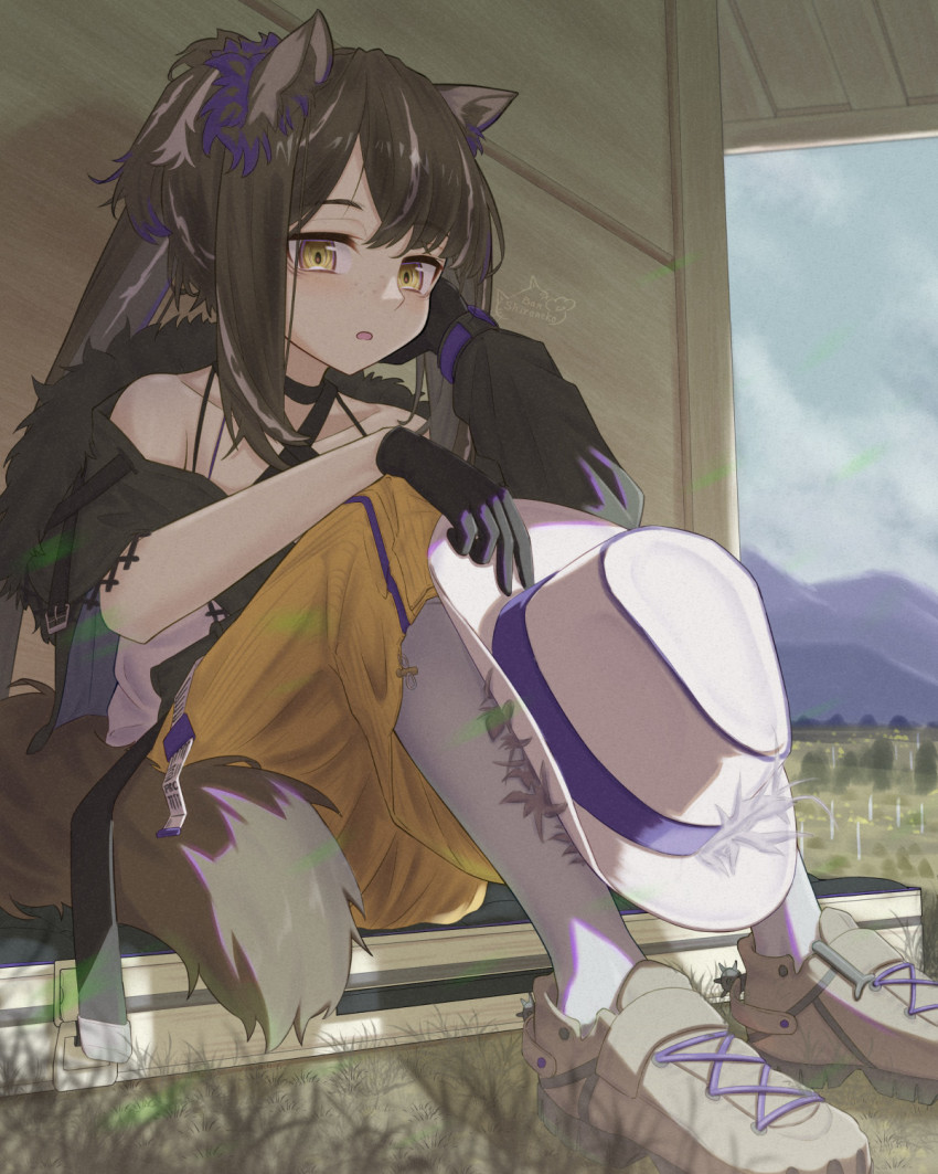 animal_ears, arknights, asymmetrical_sleeves, black_gloves, brown_footwear, brown_hair, building, freckles