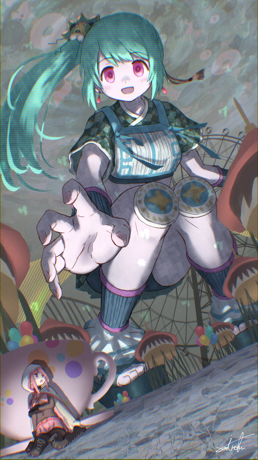 2girls, amusement_park, black_footwear, blunt_bangs, bodystocking, boots, checkered_clothes, checkered_skirt