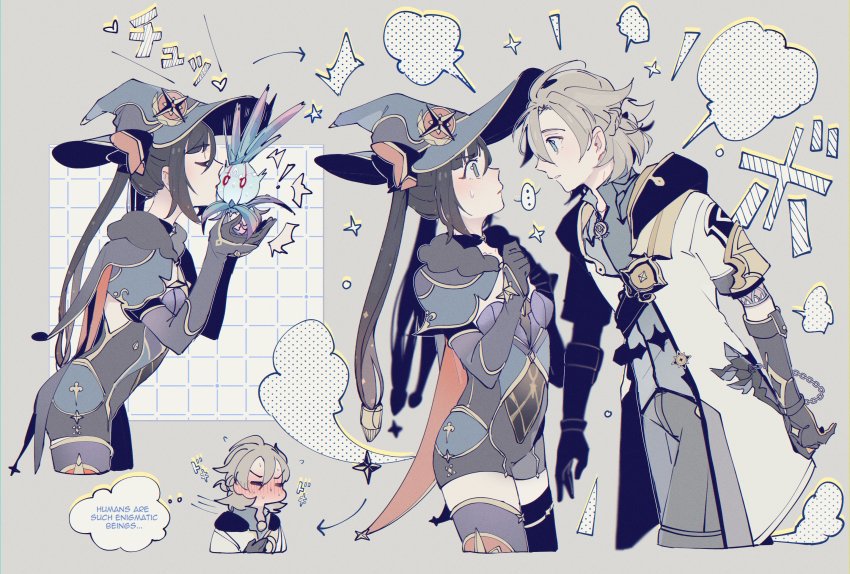 !, ..., 1boy, 1girl, albedo_(genshin_impact), black_hair, blush, breasts, cape, closed_eyes, closed_mouth, coat, commentary, english_commentary, english_text, fur-trimmed_cape, fur_trim, genshin_impact, gloves, grey_hair, hair_between_eyes, hetero, highres, kiss, long_hair, mona_(genshin_impact), mona_(pact_of_stars_and_moon)_(genshin_impact), multiple_views, nose_blush, parted_lips, shirt, small_breasts, spoken_ellipsis, sweat, twintails, very_long_hair, vision_(genshin_impact), whopperflower_(genshin_impact), yelonnaise