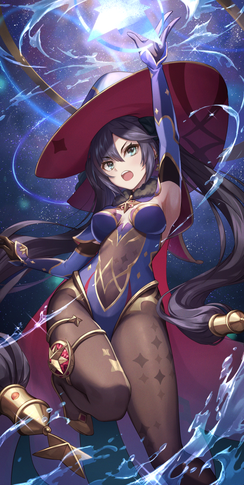 1girl, absurdres, aqua_eyes, arm_up, armpits, black_gloves, black_hair, blue_leotard, bodystocking, breasts, brown_legwear, cape, center_opening, cleavage, detached_sleeves, fur_collar, genshin_impact, gloves, glowing, hat, highres, hydrokinesis, jewelry, kuze_kaname, leg_up, leotard, long_hair, long_sleeves, looking_at_viewer, medium_breasts, mona_(genshin_impact), night, open_mouth, outdoors, red_cape, red_hat, sky, solo, standing, standing_on_one_leg, star_(sky), starry_sky, teeth, thighlet, thighs, twintails, upper_teeth_only, v-shaped_eyebrows, very_long_hair, water, witch_hat