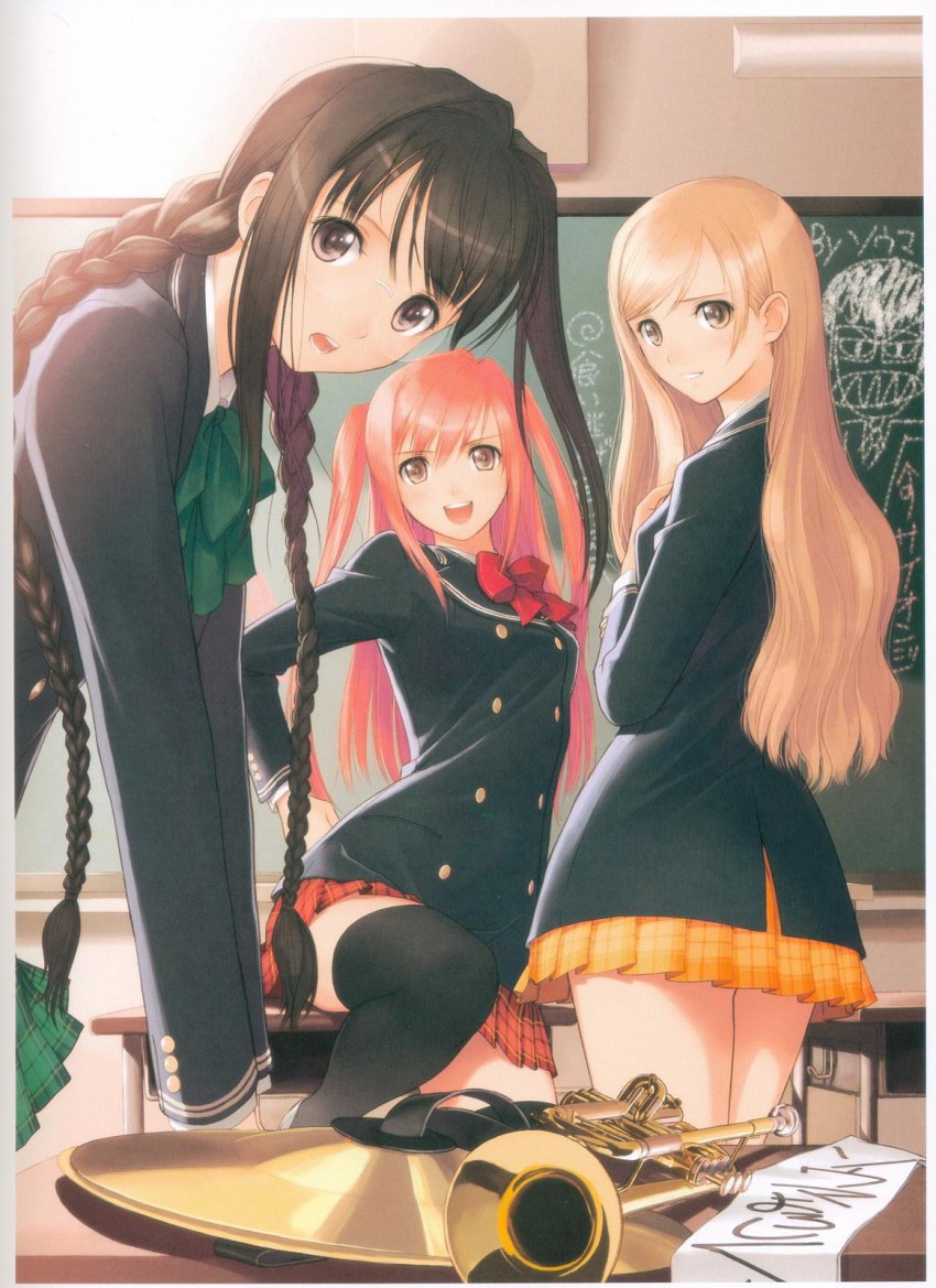 3girls, angry, black_hair, black_thighhighs, blonde_hair, chalkboard, from_behind, glasses, highres, hiruda_reia, instrument, legs, long_legs, looking_back, multiple_girls, plaid_clothes, plaid_skirt, pleated_skirt, red_hair, saionji_haruto, school_uniform, seena_kanon, sega, shining_(series), shining_wind, signature, skirt, thighhighs, tony_taka, touka_kureha, translation_request, zettai_ryouiki