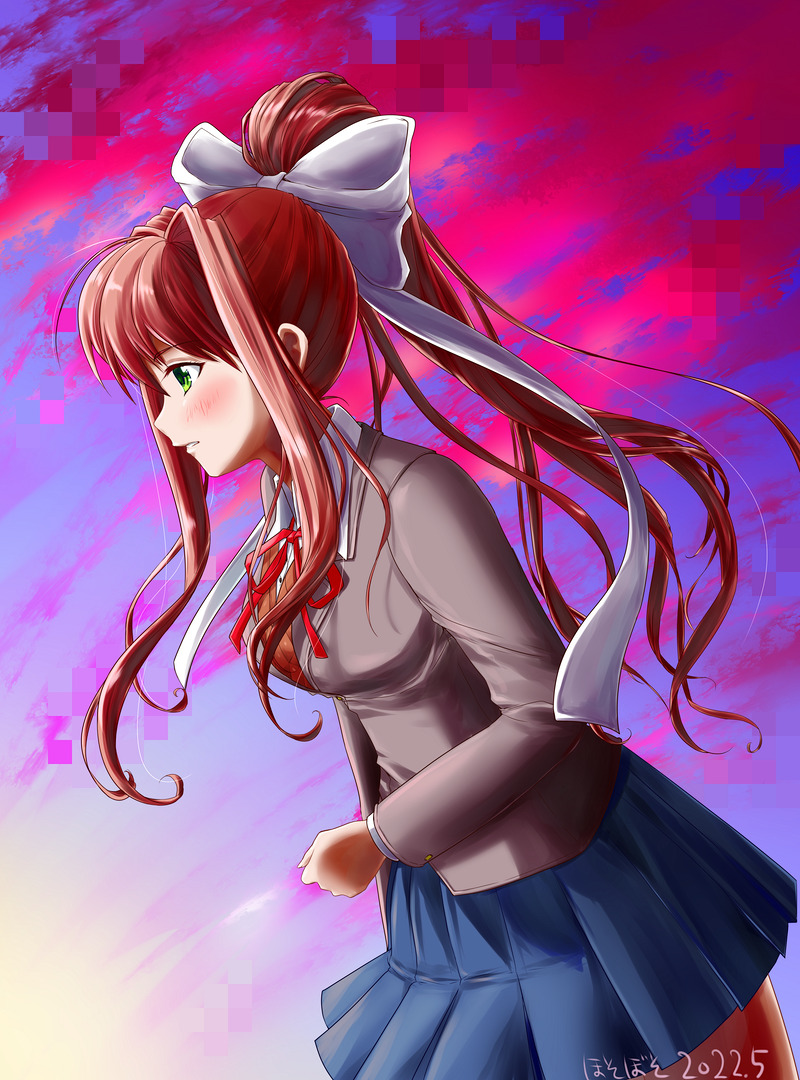 1girl, blazer, blue_skirt, bow, breasts, brown_hair, dated, day, doki_doki_literature_club, green_eyes, hair_bow, hosobozo_(user_jtzh8832), jacket, long_hair, long_sleeves, medium_breasts, monika_(doki_doki_literature_club), ponytail, red_ribbon, ribbon, school_uniform, sidelocks, skirt, solo, white_bow