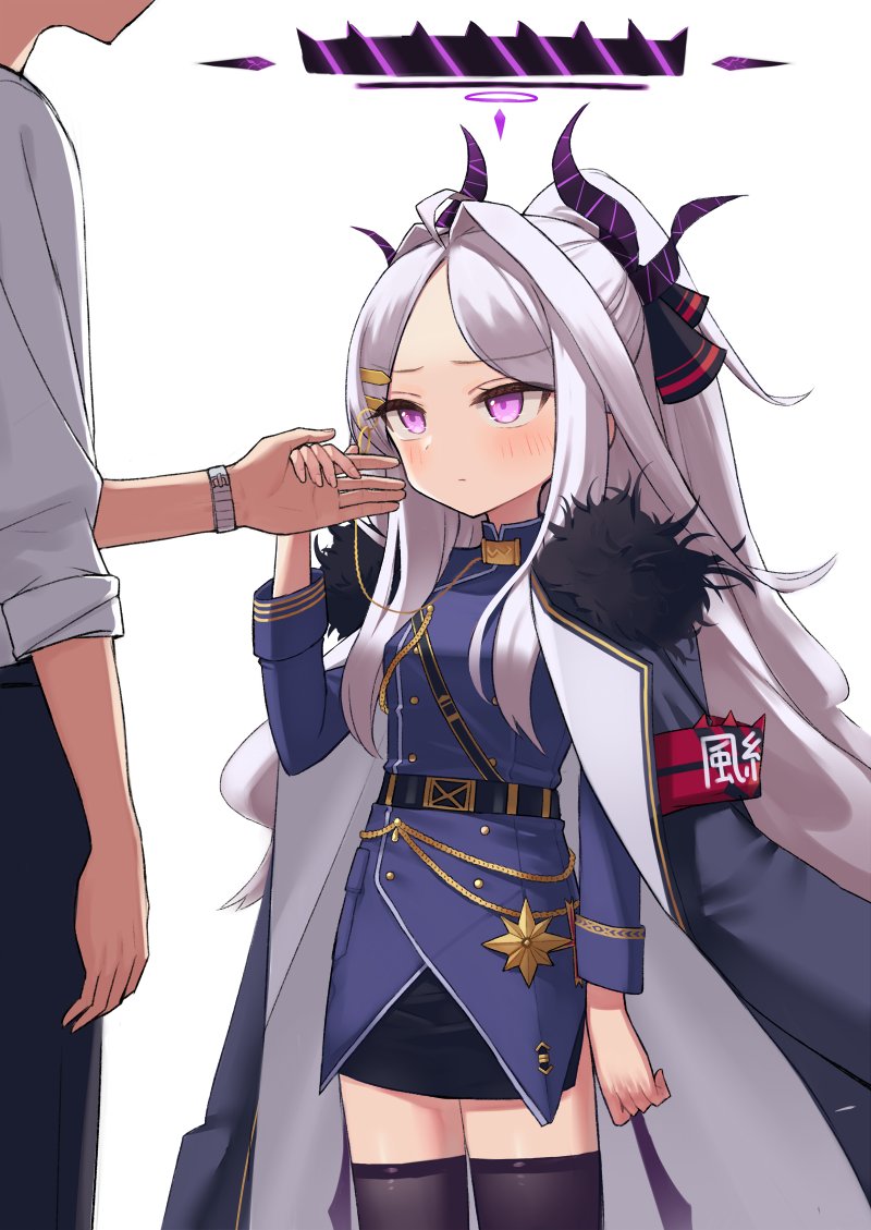 1boy, 1girl, armband, azu_(azusayumix), belt, black_legwear, black_skirt, blue_archive