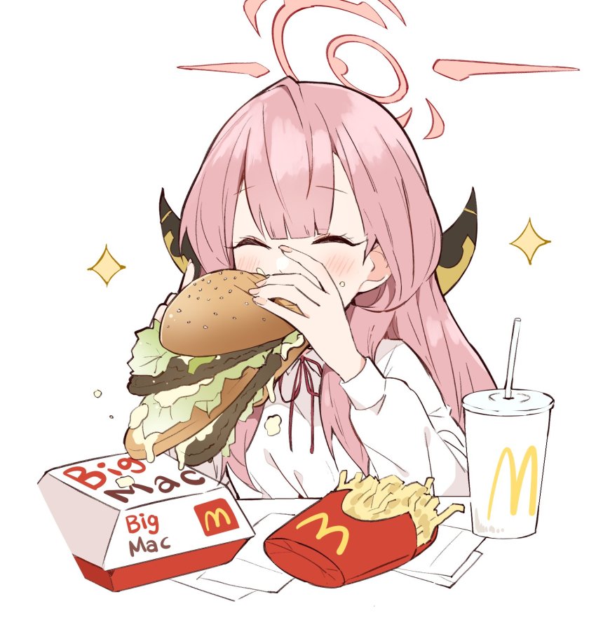 1girl, ^_^, aru_(blue_archive), beef, big_mac, blue_archive, blunt_bangs, blush