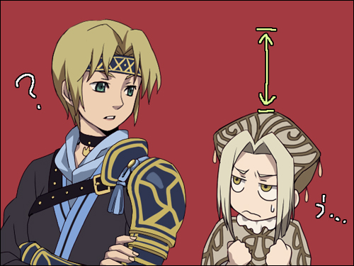 2girls, blonde_hair, choker, chrodechild, dahi, embarrassed, gensou_suikoden, gensou_suikoden_tierkreis, headband, headdress, height_difference, hina_aumakua, lowres, multiple_girls, short_hair, white_hair, yellow_eyes