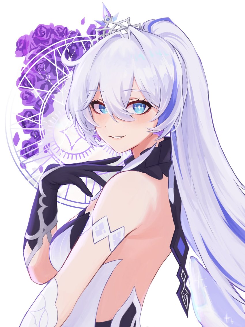 1girl, bare_shoulders, blue_eyes, blush, breasts, crown, dress, flower