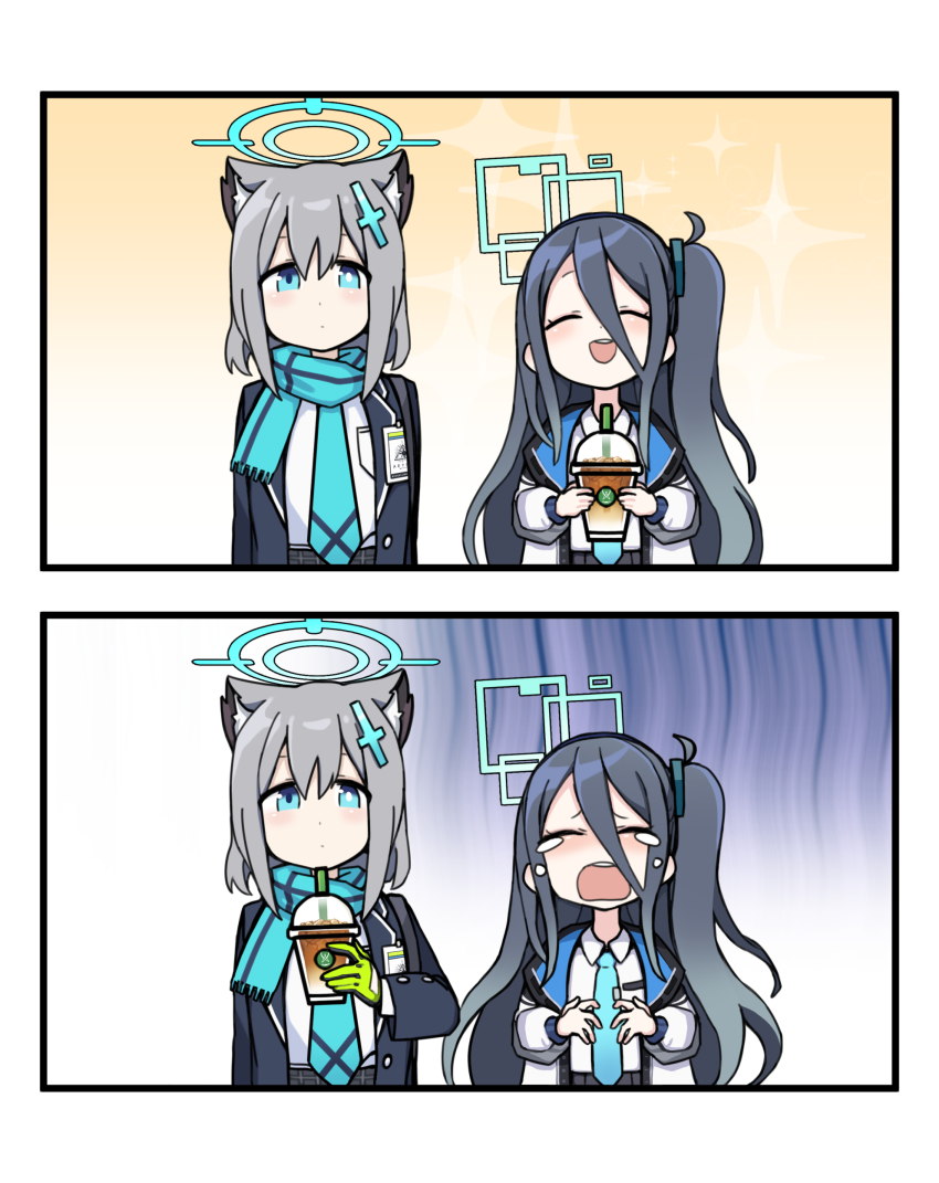 2girls, 2koma, ^_^, absurdres, aris_(blue_archive), blue_archive, closed_eyes, coffee