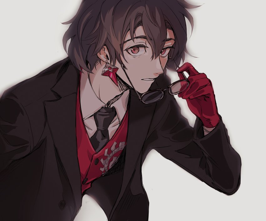 1boy, absurdres, black-framed_eyewear, black_hair, black_jacket, black_necktie, collared_shirt, commentary_request, constantine_xi_(fate), dasimaki510, earrings, unworn_eyewear, fate/grand_order, fate_(series), formal_clothes, glasses, gloves, grey_background, hair_between_eyes, highres, holding, holding_removed_eyewear, jacket, jewelry, long_sleeves, looking_at_viewer, male_focus, medium_hair, necktie, red_gloves, red_vest, shirt, simple_background, solo, teeth, upper_body, vest, white_shirt, yellow_eyes