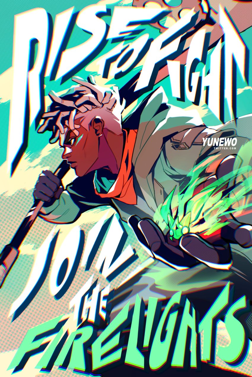 1boy, arcane:_league_of_legends, firelight_ekko, bandana, bug, club_(weapon), dreadlocks, ekko_(league_of_legends)