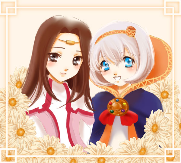 2girls, blue_eyes, blush, brown_eyes, brown_hair, daisy_(flower), flower, gensou_suikoden