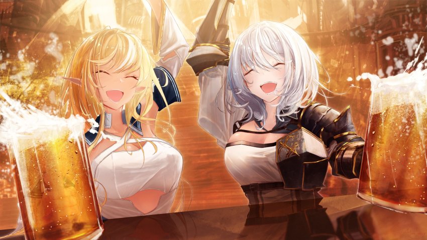 2girls, absurdres, alcohol, arm_up, beer, beer_mug, blonde_hair, breasts