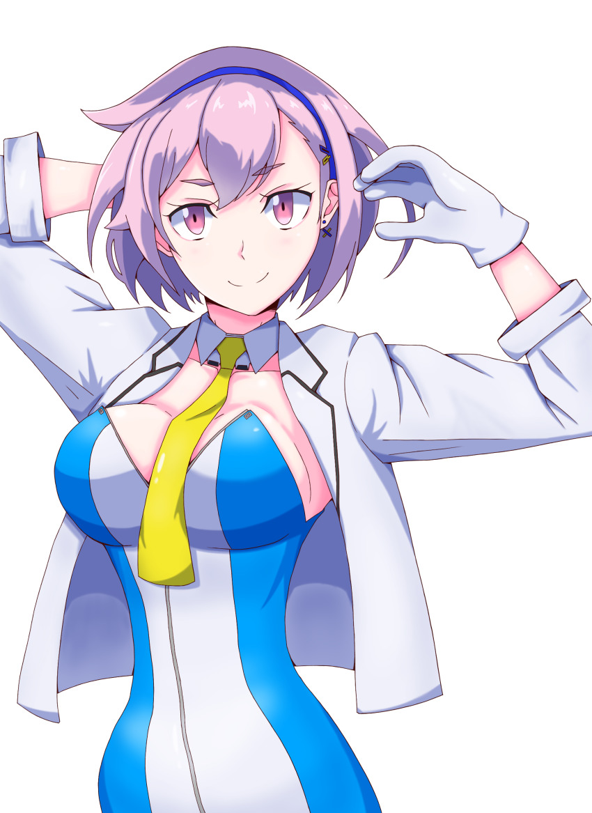 1girl, absurdres, arm_behind_head, blue_dress, blue_hairband, breasts, daimon_meguru, detached_collar, dress, gloves, hairband, highres, jacket, looking_at_viewer, medium_breasts, necktie, pink_eyes, pink_hair, sh1ge, short_hair, smile, solo, super_robot_wars, super_robot_wars_dd, upper_body, white_background, white_gloves, white_jacket, yellow_necktie