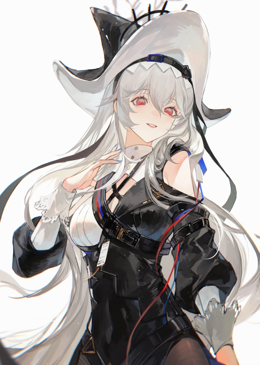 1girl, absurdres, arknights, bare_shoulders, black_dress, black_headwear, breasts, brown_pantyhose