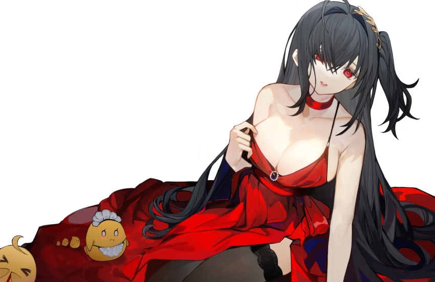 1girl, arm_support, asymmetrical_hair, azur_lane, black_hair, blush, breasts, choker, cleavage, closed_mouth, cocktail_dress, cowboy_shot, crossed_bangs, dress, furrowed_brow, hair_between_eyes, hair_ornament, halter_dress, halterneck, hand_on_floor, large_breasts, long_hair, looking_at_viewer, manjuu_(azur_lane), official_alternate_costume, pulling_own_clothes, red_choker, red_dress, red_eyes, side_ponytail, simple_background, sitting, sleeveless, sleeveless_dress, smile, solo, spaghetti_strap, straight_hair, taihou_(azur_lane), taihou_(forbidden_fruit)_(azur_lane), tapioga2, thighhighs, white_background, zettai_ryouiki