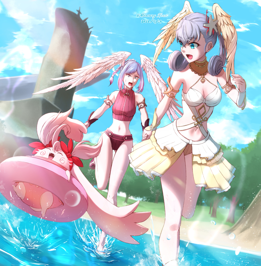 3girls, breasts, cleavage, head_wings, highres, melia_antiqua, mercury_xeno, multiple_girls, nene_(xenoblade), nopon, outdoors, pink_fur, silver_hair, swimsuit, tyrea_(xenoblade), water, wings, xenoblade_chronicles:_future_connected, xenoblade_chronicles_(series), xenoblade_chronicles_1