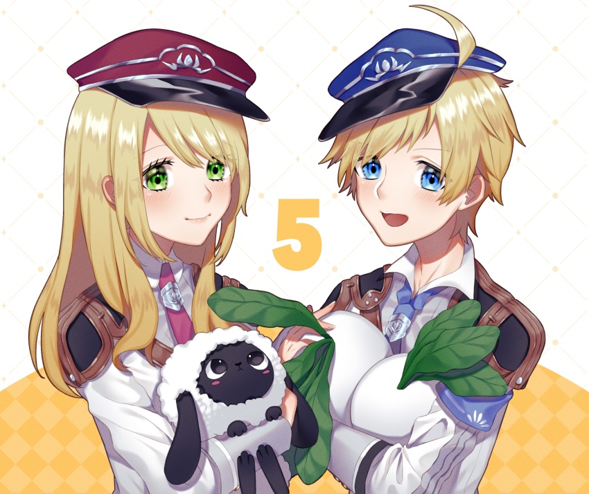 1boy, 1girl, absurdres, ahoge, alice_(rune_factory), ares_(rune_factory), blonde_hair, closed_mouth