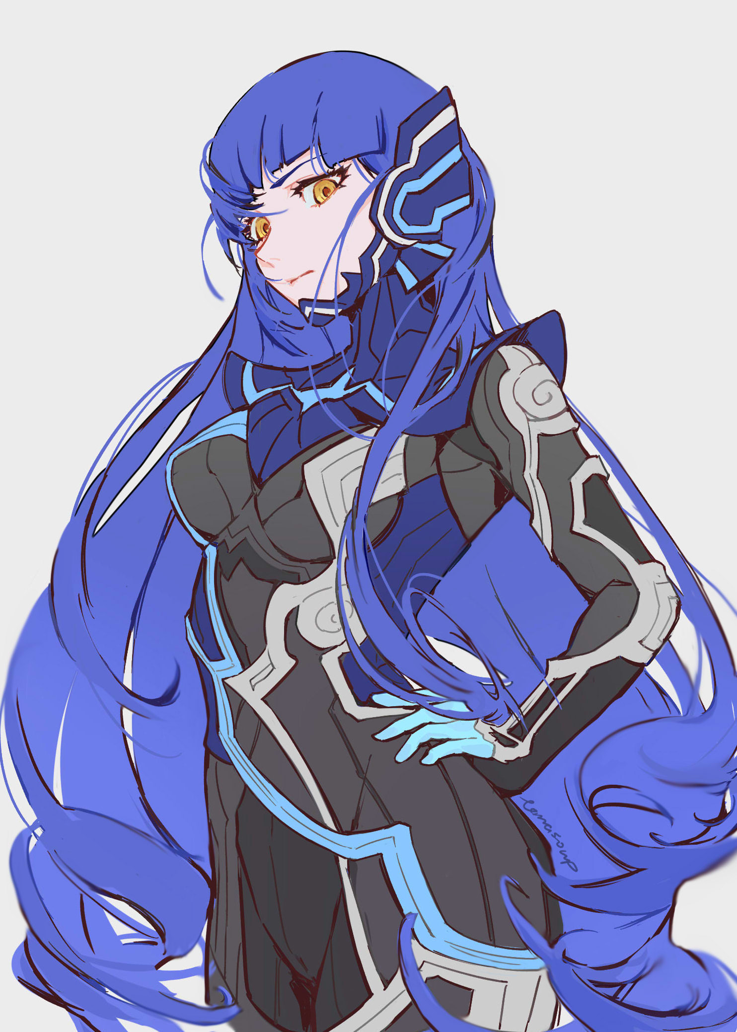 1girl, androgynous, armor, blue_hair, bodysuit, breasts, eyelashes, genderswap