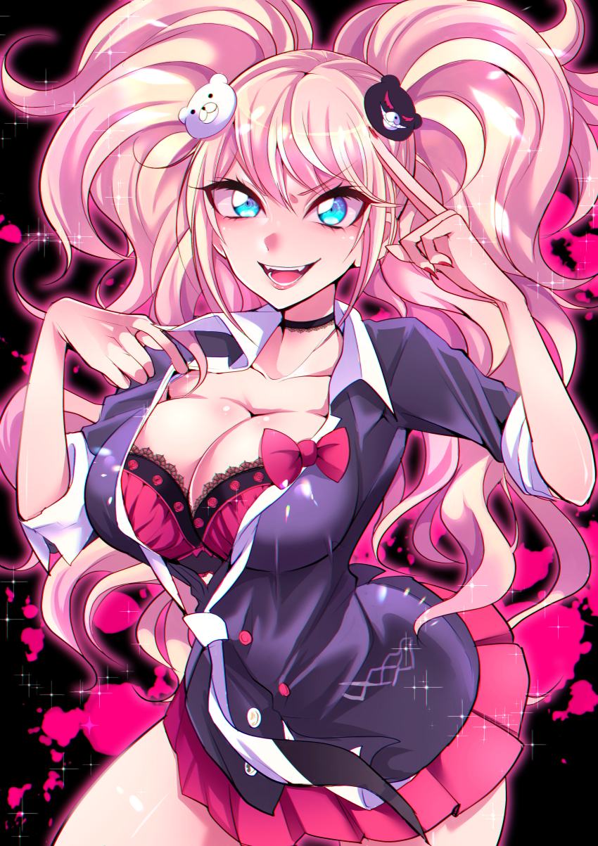 1girl, absurdres, bear_hair_ornament, black_background, black_choker, black_shirt, blue_eyes, bow