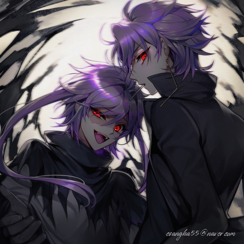 2boys, black_coat, cigarette, coat, earrings, evil_grin, evil_smile, expressionless