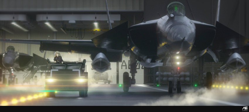 1girl, aircraft, airplane, antares_cao, blonde_hair, chain-link_fence, commentary_request, driving, fence, fighter_jet, hangar, highres, light, long_hair, military, military_vehicle, motor_vehicle, original, runway, solo, su-47_berkut, trailer, truck, vehicle_focus, wide_shot