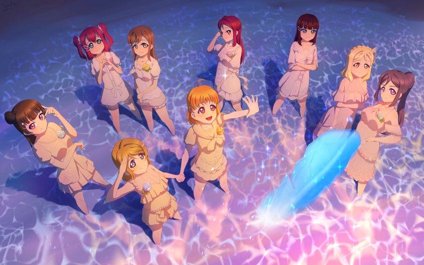 6+girls, :d, absurdres, ahoge, artist_name, asymmetrical_hair, black_hair, blonde_hair, blue_eyes, blue_feathers, blue_flower, blue_hair, blue_rose, blunt_bangs, braid, brown_hair, closed_mouth, commentary, corsage, crossed_arms, crown_braid, dark_blue_hair, dated, dress, evening, feathers, flower, green_eyes, hair_bun, hair_ornament, hair_rings, hairclip, half_updo, hand_on_own_hip, highres, hand_on_own_arm, holding_own_wrist, kunikida_hanamaru, kurosawa_dia, kurosawa_ruby, long_hair, love_live!, love_live!_sunshine!!, matsuura_kanan, medium_hair, mole, mole_under_mouth, multiple_girls, off-shoulder_dress, off_shoulder, ohara_mari, open_mouth, orange_eyes, orange_flower, orange_hair, orange_rose, outstretched_arm, pink_eyes, pink_flower, pink_rose, ponytail, purple_eyes, reaching, reaching_towards_viewer, red_eyes, red_hair, refraction, rose, sailor_collar, sakurauchi_riko, salute, senkun, shallow_water, short_dress, short_sleeves, side_bun, sidelocks, single_bang, single_side_bun, smile, standing, steepled_fingers, takami_chika, tareme, tsushima_yoshiko, tucking_hair, two_side_up, v, v_over_eye, watanabe_you, water, white_dress, white_sailor_collar, wing_hair_ornament, yellow_eyes, yellow_flower, yellow_rose
