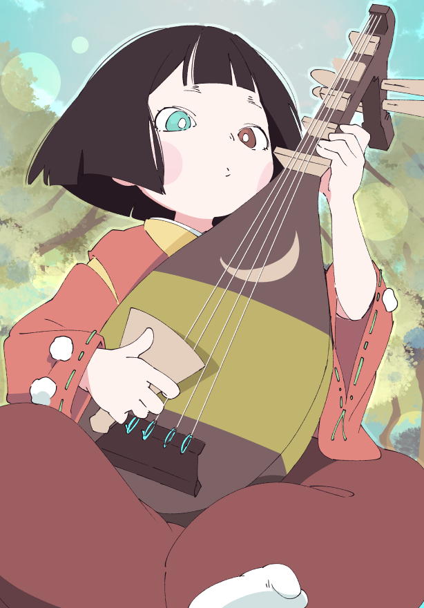 1girl, aqua_eyes, biwa_(heike_monogatari), biwa_lute, black_hair, blunt_bangs, blush, brown_eyes, heike_monogatari, heterochromia, holding, holding_instrument, instrument, ixy, japanese_clothes, long_sleeves, lute_(instrument), music, playing_instrument, short_hair, wide_sleeves