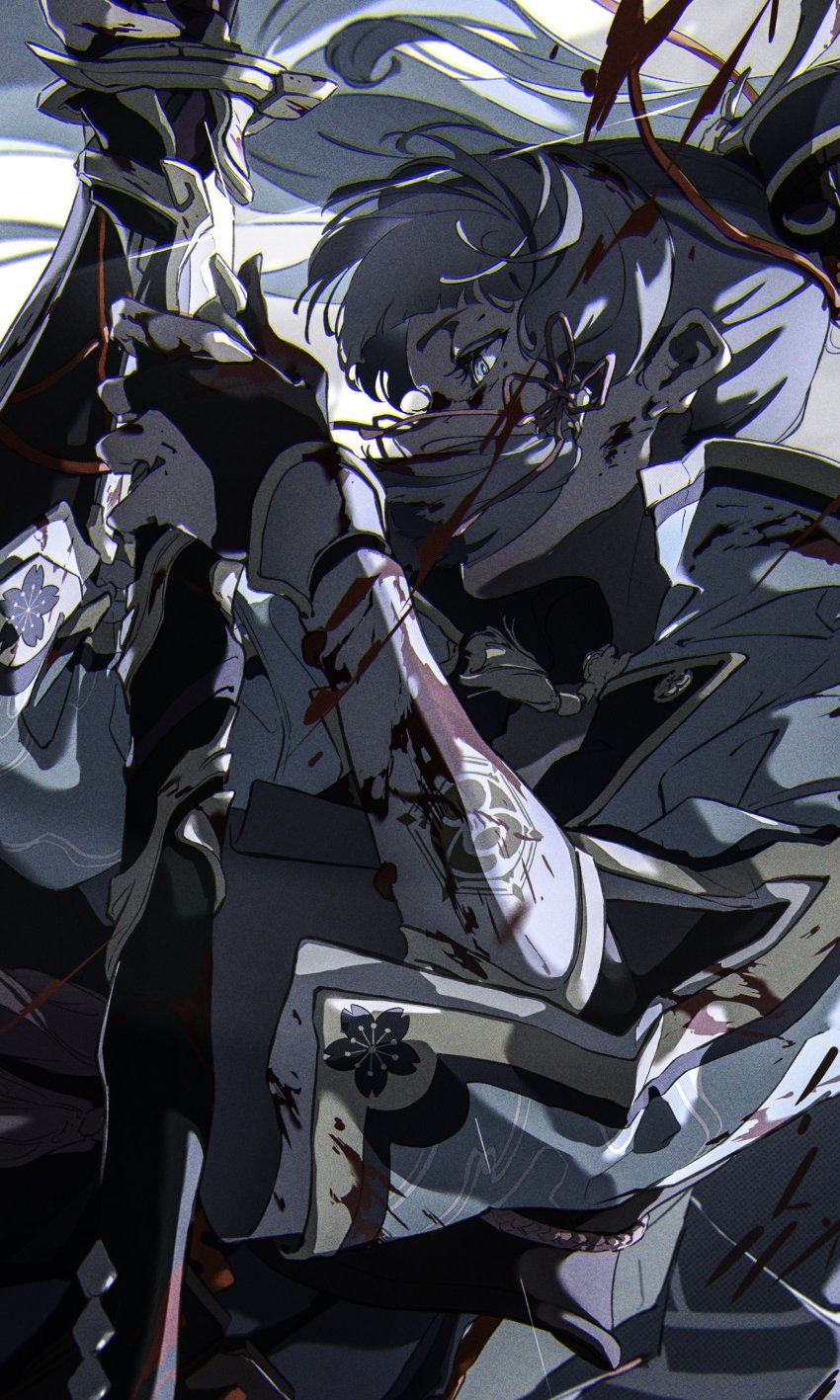 1girl, absurdres, arm_guards, ayaka_(genshin_impact), black_gloves, blood, blood_on_clothes, blood_on_face