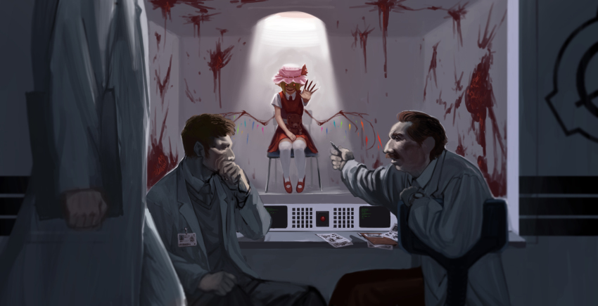 1girl, 3boys, blood, flandre_scarlet, glowing, glowing_eyes, guro, highres, light, multiple_boys, name_tag, profile, reaching, reaching_towards_viewer, scientist, scp_foundation, sendai_(nazonomono), sitting, smile, stuffed_animal, stuffed_toy, teddy_bear, thighhighs, touhou, white_thighhighs