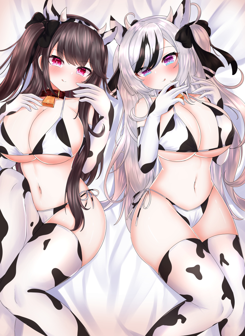 2girls, absurdres, alternate_costume, animal_ears, animal_print, azur_lane, bell, bikini, black_bikini, black_gloves, black_hair, black_legwear, black_ribbon, blue_eyes, blush, breasts, brown_hair, cow_ears, cow_horns, cow_print, cow_tail, cowbell, curvy, elbe_(azur_lane), elbow_gloves, gloves, gradient_eyes, hair_ribbon, hand_on_own_chest, highres, horns, huge_breasts, large_breasts, long_hair, looking_at_viewer, lying, min1910, multicolored_bikini, multicolored_eyes, multicolored_hair, multiple_girls, neck_bell, on_back, pamiat_merkuria_(azur_lane), red_eyes, ribbon, side-tie_bikini_bottom, streaked_hair, swimsuit, tail, thighhighs, two-tone_bikini, two-tone_gloves, two-tone_hair, two-tone_legwear, white_bikini, white_gloves, white_hair, white_legwear